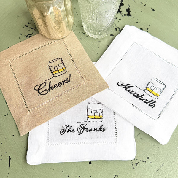 Monogrammed Whiskey Name Cocktail Napkins, Set of 4, Personalized Cloth Linen Napkins - White Tulip Embroidery