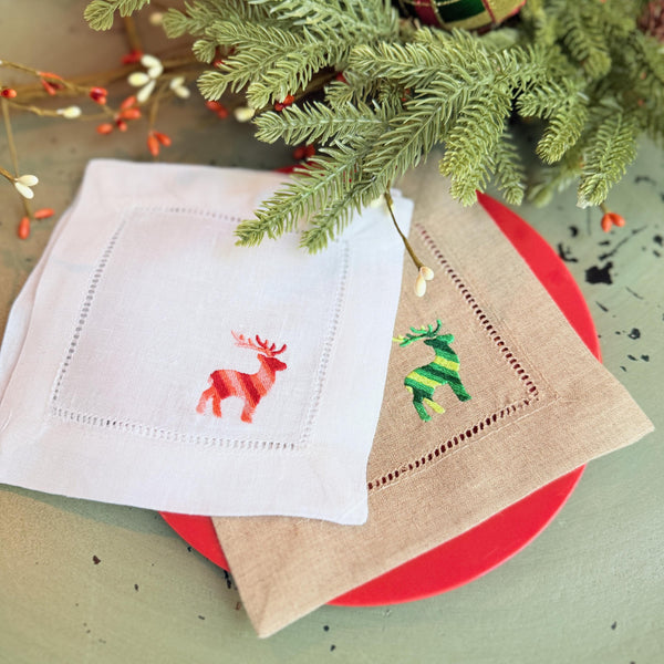 Striped Reindeer Cloth Cocktail Napkins, Set of 4 Linen Napkins - White Tulip Embroidery