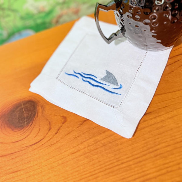 Shark Cocktail Napkins, Beach Embroidered Cocktail Cloth Napkins, Set of 4, Shark Linen cocktail napkins, Beach gift - White Tulip Embroidery