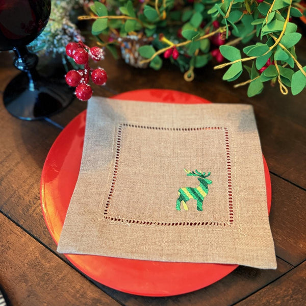 Striped Reindeer Cloth Cocktail Napkins, Set of 4 Linen Napkins - White Tulip Embroidery