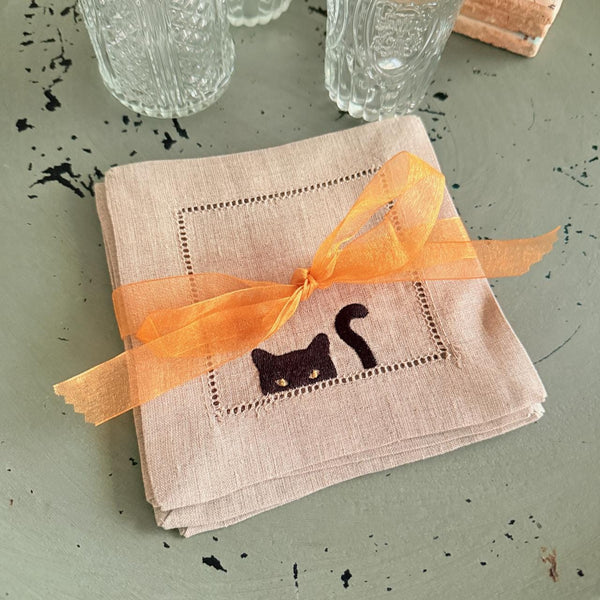 Black Cat Cocktail Napkins, Set of 4, Black Cat Embroidered Linen Cocktail Napkins - White Tulip Embroidery