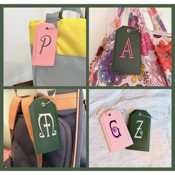 Monogrammed Luggage Tag, Embroidered Vegan Leather with Steel Loop Wire Tags - White Tulip Embroidery