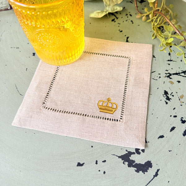 Crown Cocktail Napkins, Set of 4 Unique Embroidered Designs, Crown Cocktail Cloth Napkins, Princess Linen cocktail napkins - White Tulip Embroidery