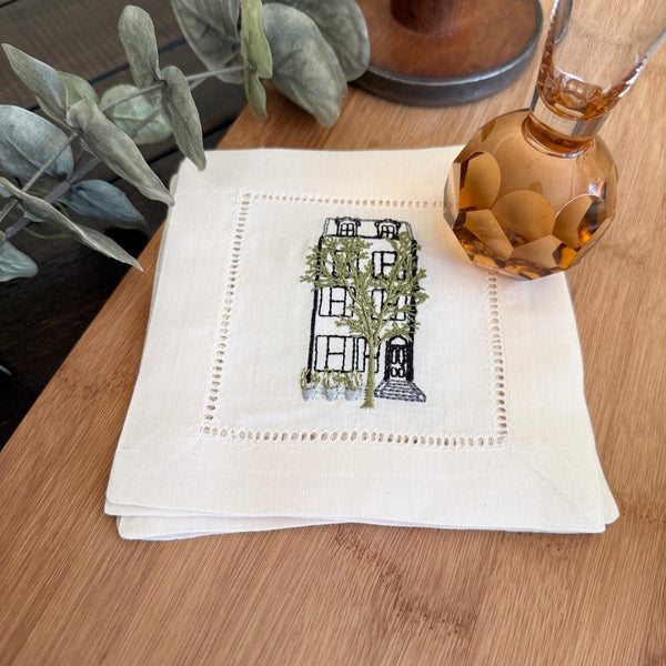 Custom House Embroidered Linen Cocktail Napkins, Set of 4, Housewarming Gift, gift from realtor, personalized napkins - White Tulip Embroidery