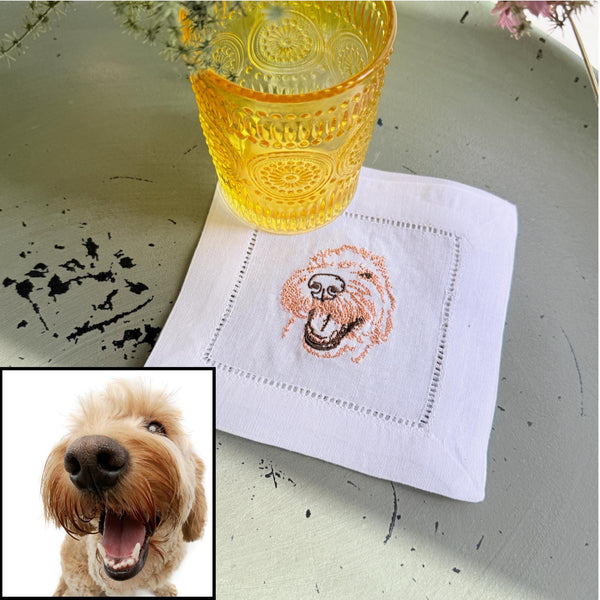 Custom YOUR Dog Embroidered Linen Cocktail Napkins, Set of 4, Dog Lover Gift, Personalized Dog gift, Your dog to embroidered napkins - White Tulip Embroidery