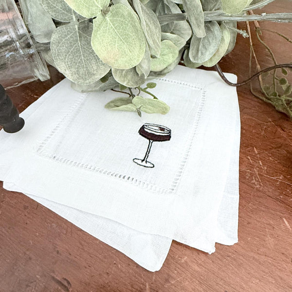 Espresso Martini Cocktail Napkins, Embroidered Cocktail Cloth Napkins, Set of 4, Linen cocktail napkins, Espresso Martini gift - White Tulip Embroidery