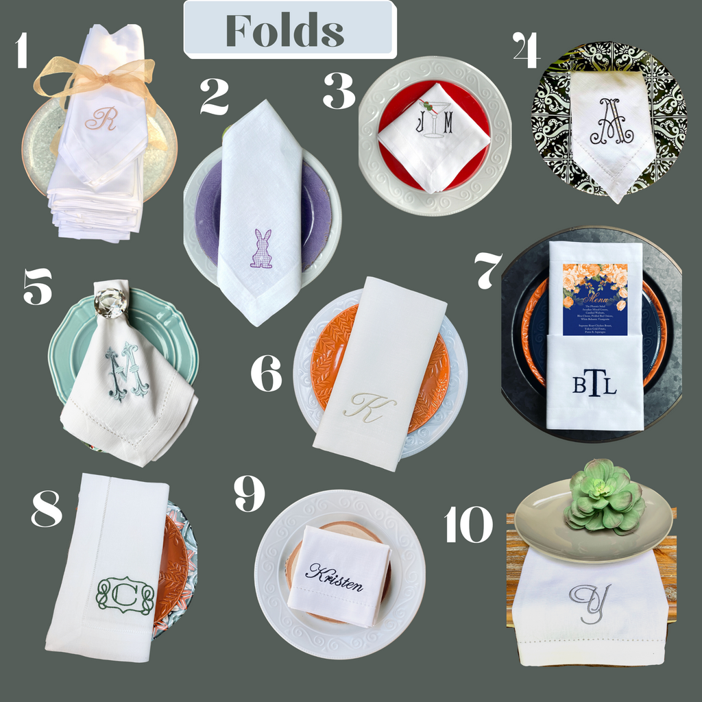 Set of 50 Embroidered Napkins, Custom Logo, White linen/cotton blend, Sage Green Thread, Fold #4 - White Tulip Embroidery