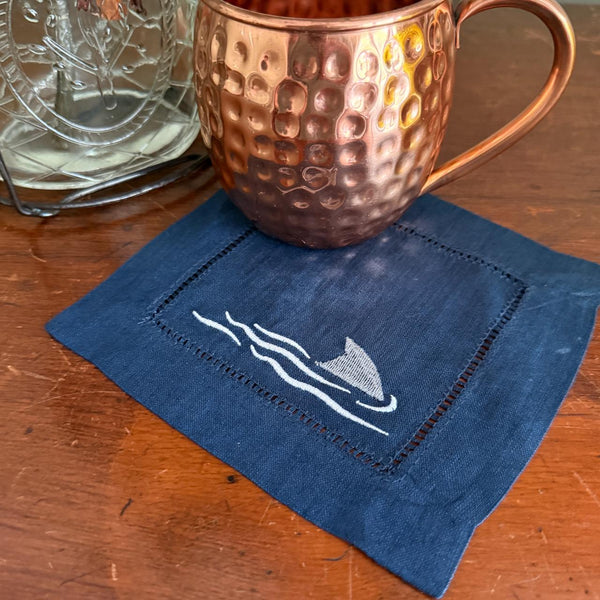 Shark Cocktail Napkins, Beach Embroidered Cocktail Cloth Napkins, Set of 4, Shark Linen cocktail napkins, Beach gift - White Tulip Embroidery