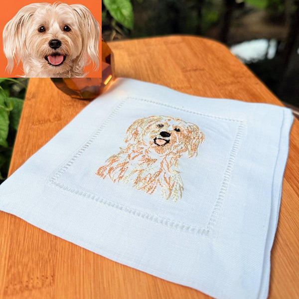 Custom YOUR Dog Embroidered Linen Cocktail Napkins, Set of 4, Dog Lover Gift, Personalized Dog gift, Your dog to embroidered napkins - White Tulip Embroidery