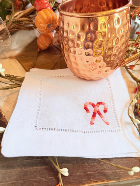 Candy Cane Cloth Cocktail Napkins, Set of 4 Unique Designs - White Tulip Embroidery