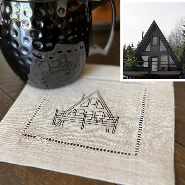 Custom House Embroidered Linen Cocktail Napkins, Set of 4, Housewarming Gift, gift from realtor, personalized napkins - White Tulip Embroidery