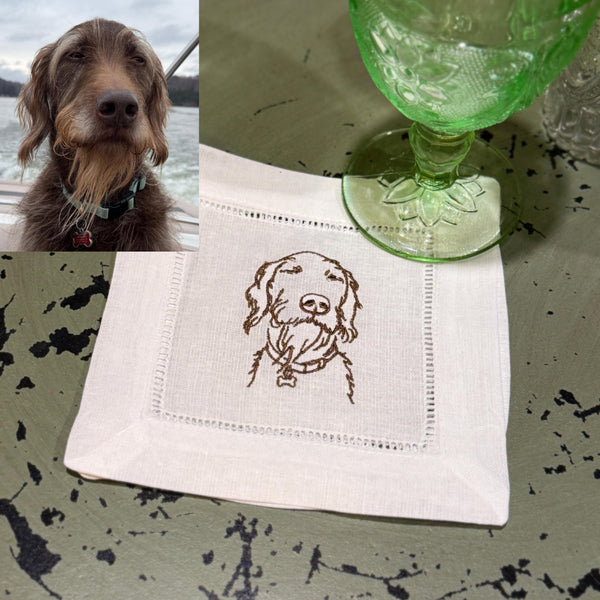 Custom YOUR Dog Embroidered Linen Cocktail Napkins, Set of 4, Dog Lover Gift, Personalized Dog gift, Your dog to embroidered napkins - White Tulip Embroidery