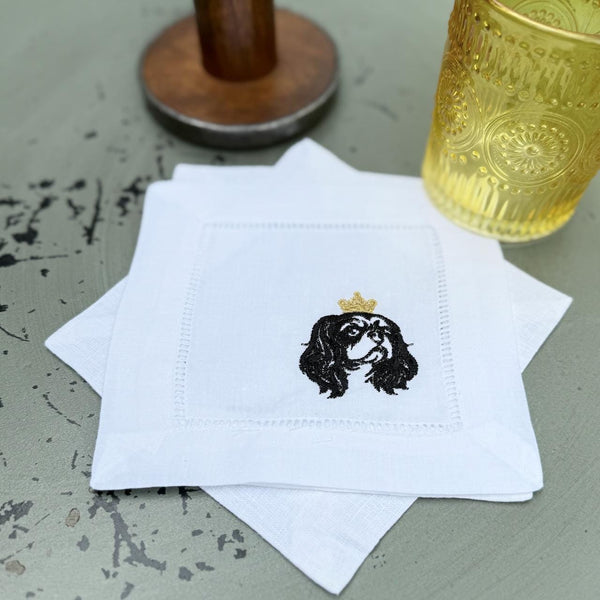 King Charles Spaniel Linen Embroidered Cocktail Napkins, Set of 4, dog cloth cocktail napkins, King Charles gift - White Tulip Embroidery