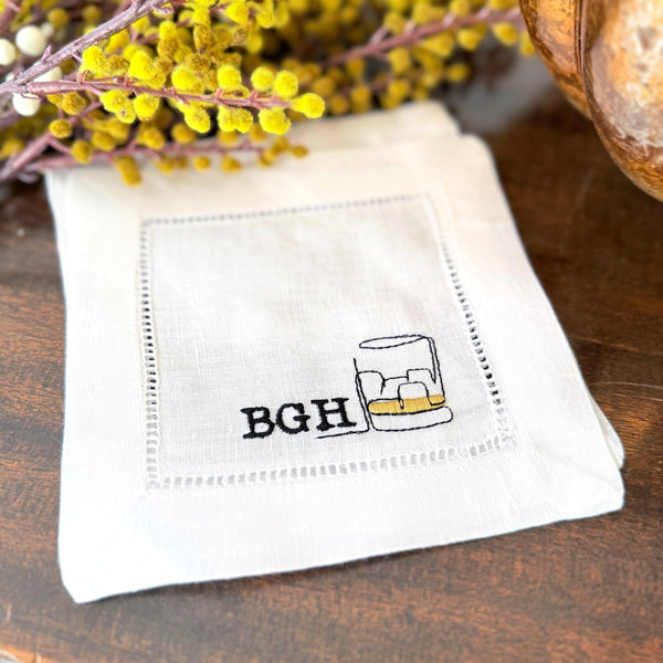 Monogrammed Whiskey Name Cocktail Napkins, Set of 4, Personalized Cloth Linen Napkins - White Tulip Embroidery
