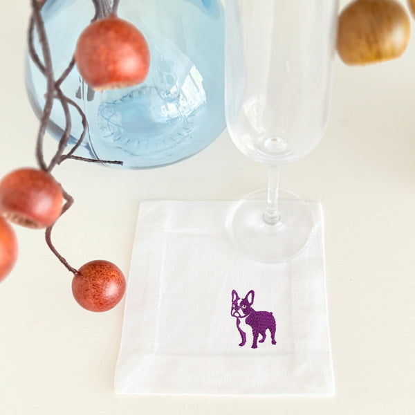 French Bulldog Cocktail Napkins, Set of 4, Frenchie Embroidered dog linen cloth cocktail napkins, french bulldog gift - White Tulip Embroidery