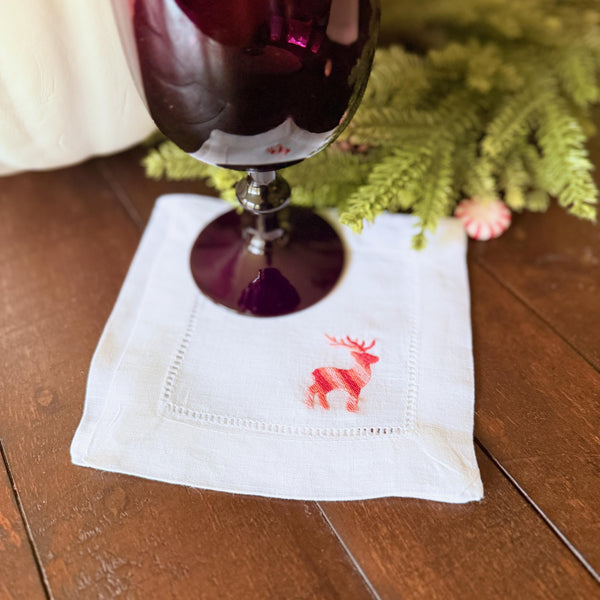 Striped Reindeer Cloth Cocktail Napkins, Set of 4 Linen Napkins - White Tulip Embroidery