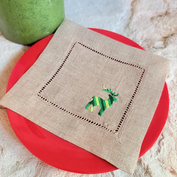 Striped Reindeer Cloth Cocktail Napkins, Set of 4 Linen Napkins - White Tulip Embroidery