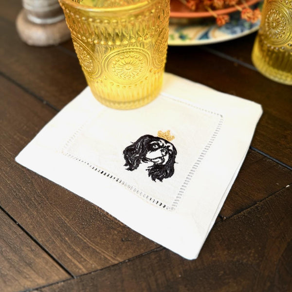 King Charles Spaniel Linen Embroidered Cocktail Napkins, Set of 4, dog cloth cocktail napkins, King Charles gift - White Tulip Embroidery