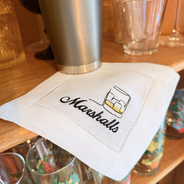 Monogrammed Whiskey Name Cocktail Napkins, Set of 4, Personalized Cloth Linen Napkins - White Tulip Embroidery