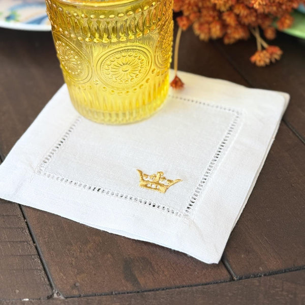Crown Cocktail Napkins, Set of 4 Unique Embroidered Designs, Crown Cocktail Cloth Napkins, Princess Linen cocktail napkins - White Tulip Embroidery