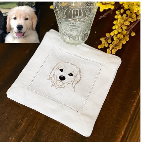 Custom YOUR Dog Embroidered Linen Cocktail Napkins, Set of 4, Dog Lover Gift, Personalized Dog gift, Your dog to embroidered napkins - White Tulip Embroidery