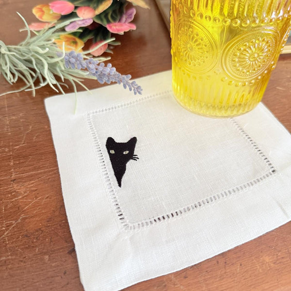 Black Cat Cocktail Napkins, Set of 4, Black Cat Embroidered Linen Cocktail Napkins - White Tulip Embroidery
