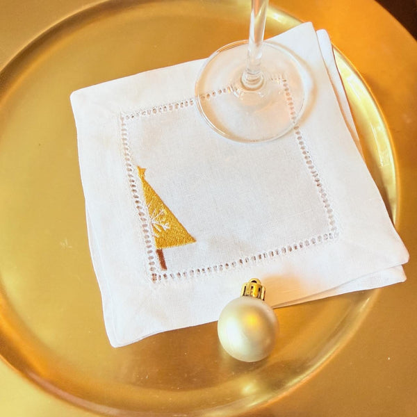 Modern Christmas Tree Cloth Cocktail Napkins, Set of 4 Unique Designs - White Tulip Embroidery