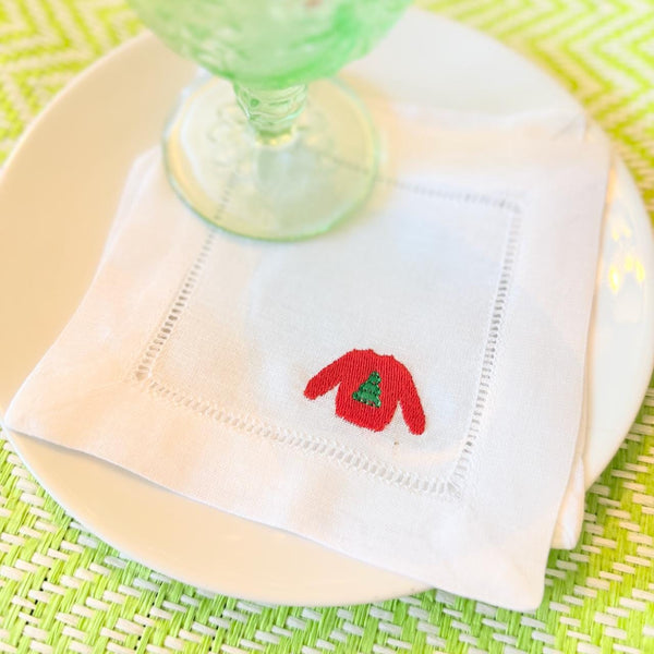 Christmas Sweater Cloth Cocktail Napkins, Set of 4 Unique Designs, Ugly Sweater Contest Prize - White Tulip Embroidery