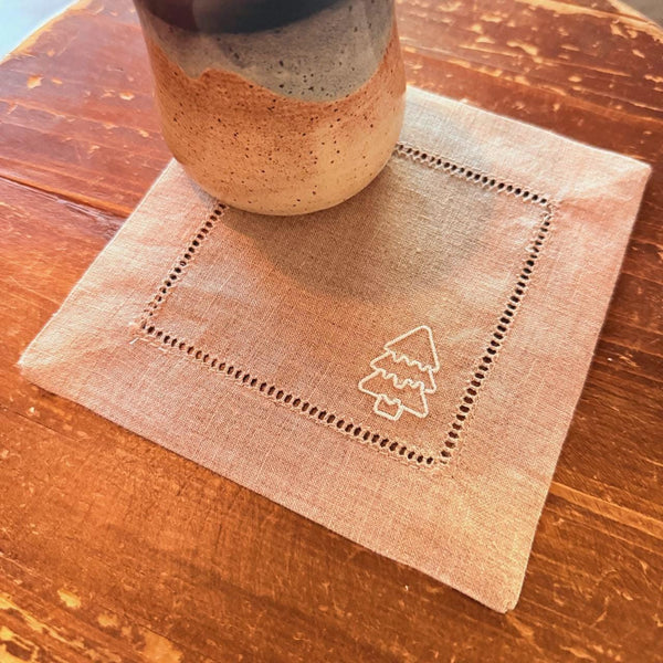 Gingerbread Cloth Cocktail Napkins, Set of 4 Unique Christmas Gingerbread Cookie Designs - White Tulip Embroidery