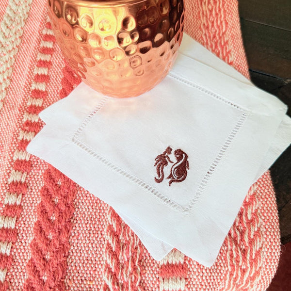 King Charles Linen Embroidered Cocktail Napkins, Set of 4, dog cloth cocktail napkins, King Charles gift, Dog Breed - White Tulip Embroidery