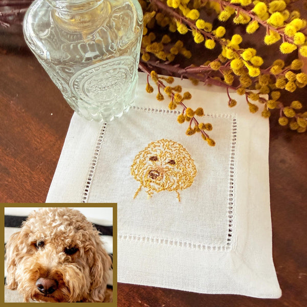 Custom YOUR Dog Embroidered Linen Cocktail Napkins, Set of 4, Dog Lover Gift, Personalized Dog gift, Your dog to embroidered napkins - White Tulip Embroidery