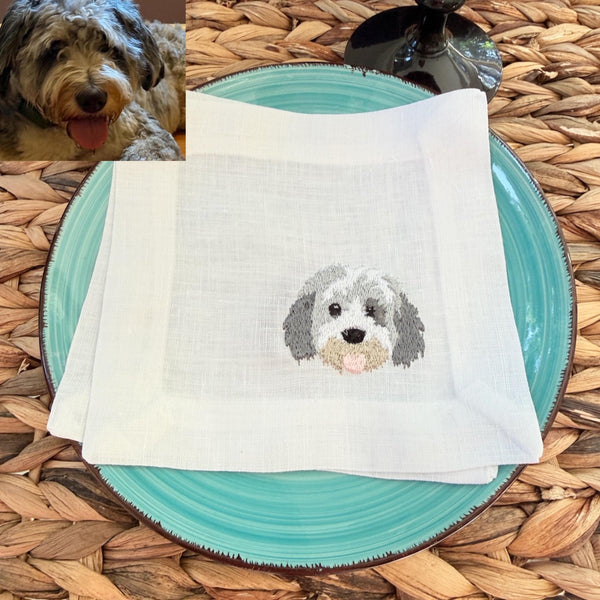 Custom YOUR Dog Embroidered Linen Cocktail Napkins, Set of 4, Dog Lover Gift, Personalized Dog gift, Your dog to embroidered napkins - White Tulip Embroidery