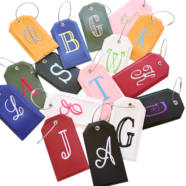 Monogrammed Luggage Tag, Embroidered Vegan Leather with Steel Loop Wire Tags - White Tulip Embroidery