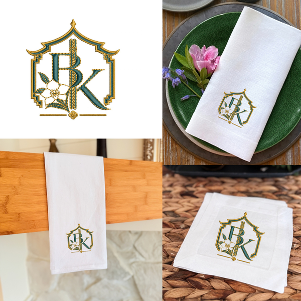 Custom BK Set of 12 Cocktail Napkins, 6 100% Hemmed Dinner Napkin and 6 Flour Sack Towels - White Tulip Embroidery