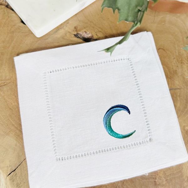 Custom Logo, Set of 100 White Linen/cotton hemstitch dinner napkins + 100 Linen/cotton hemstitch cocktail napkins - White Tulip Embroidery