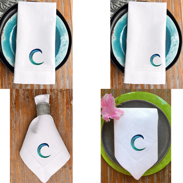 Custom Logo, Set of 100 White Linen/cotton hemstitch dinner napkins + 100 Linen/cotton hemstitch cocktail napkins - White Tulip Embroidery