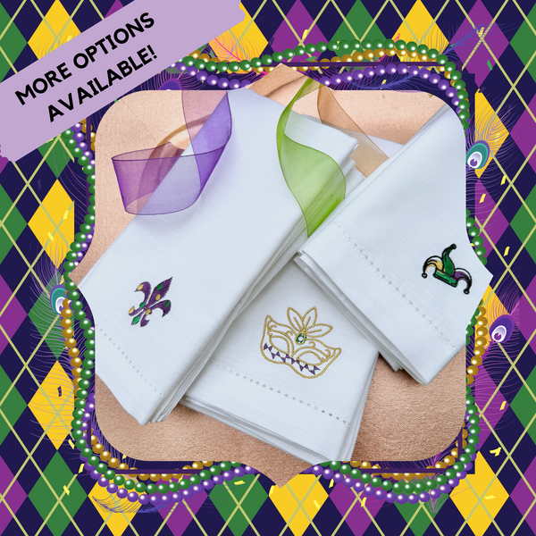 Fleur De Lis Mardi Gras Cloth Napkins - Set of 4 napkins - White Tulip Embroidery