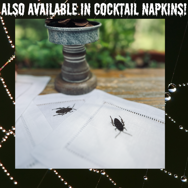 Roach Embroidered Napkins, Set of 4, Eeek! Creepy Halloween Cloth Napkins - White Tulip Embroidery