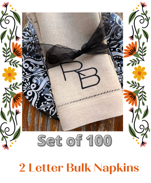 Two Letter Bulk Monogrammed Wedding Napkins, Set of 100, Embroidered Cloth Dinner Napkins - White Tulip Embroidery
