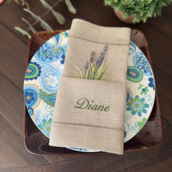 Set of 4 Embroidered Name Napkins, Lucinda Names Cloth napkins - White Tulip Embroidery