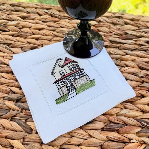 Custom House Embroidered Linen Cocktail Napkins, Set of 4, Housewarming Gift, gift from realtor, personalized napkins - White Tulip Embroidery