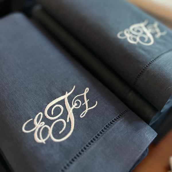 3 Letter Bulk Monogrammed Wedding Napkins, Set of 50, Embroidered Cloth Dinner Napkins - White Tulip Embroidery