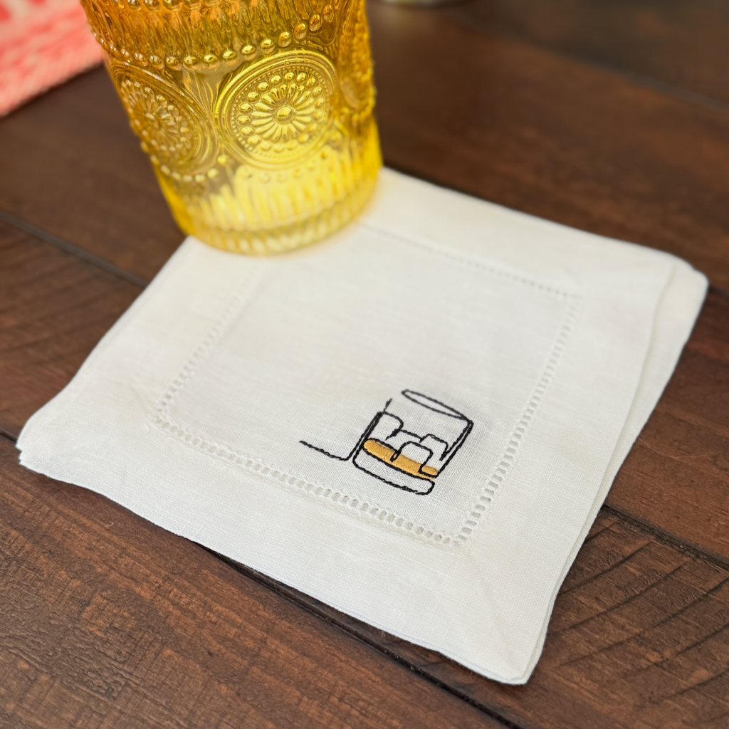 Whiskey Glass Linen Cocktail Napkins, Set of 4, Whiskey Bourbon Cocktail Napkins Gift - White Tulip Embroidery