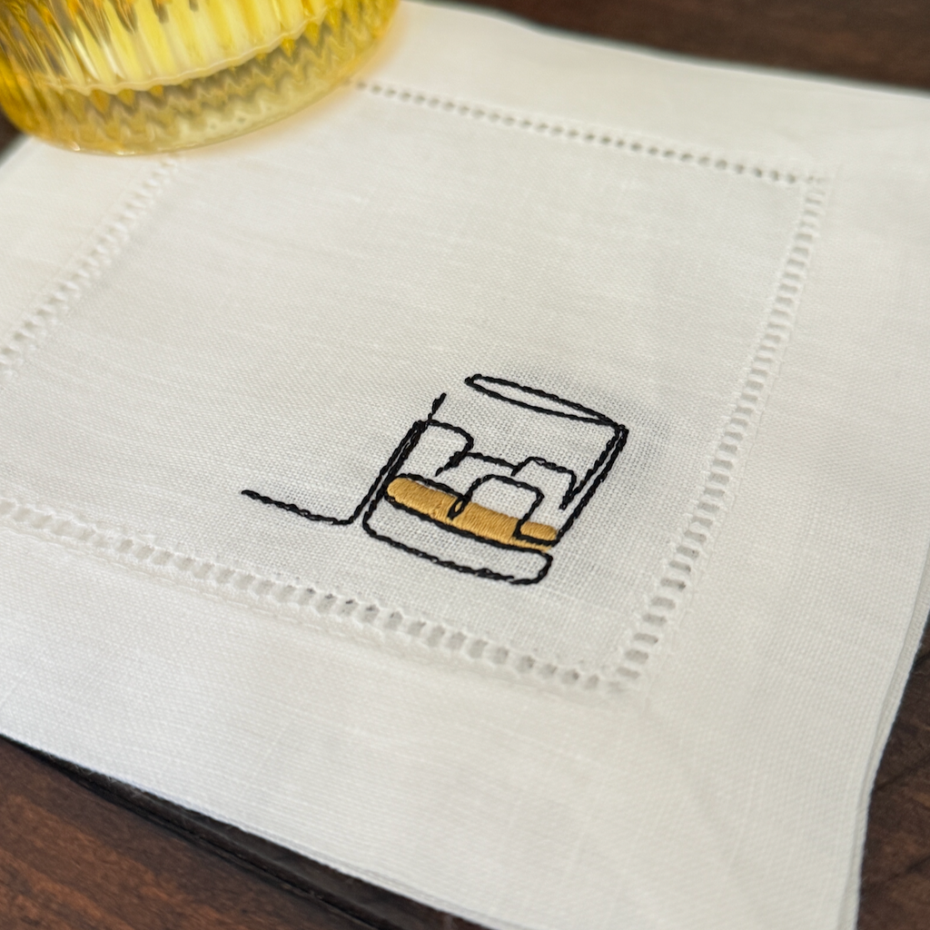 Whiskey Glass Linen Cocktail Napkins, Set of 4, Whiskey Bourbon Cocktail Napkins Gift - White Tulip Embroidery