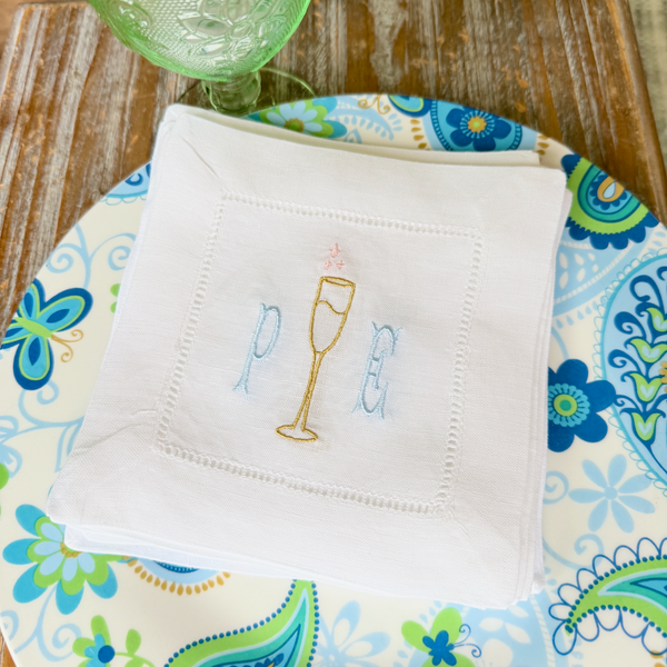 Monogrammed Champagne Cocktail Napkins, Set of 4, Cheers Linen Napkins - White Tulip Embroidery