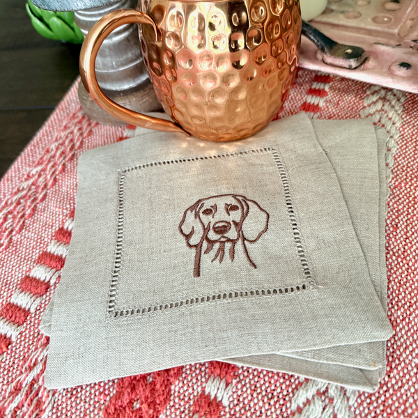 Weimaraner Dog Cloth Linen Cocktail Napkins, Set of 4 - White Tulip Embroidery