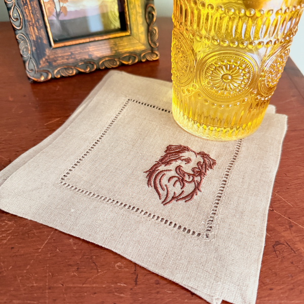 Australian Shepard Cloth Linen Cocktail Napkins, Set of 4 Dog Cocktail Napkins - White Tulip Embroidery