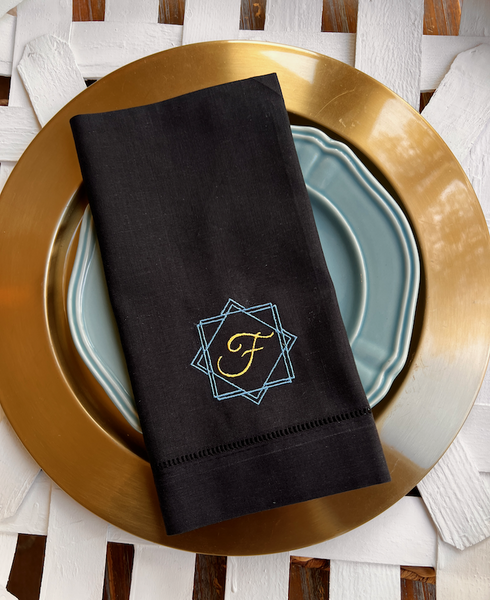 Modern Border Monogrammed Cloth Dinner Napkins - Set of 4 napkins - White Tulip Embroidery