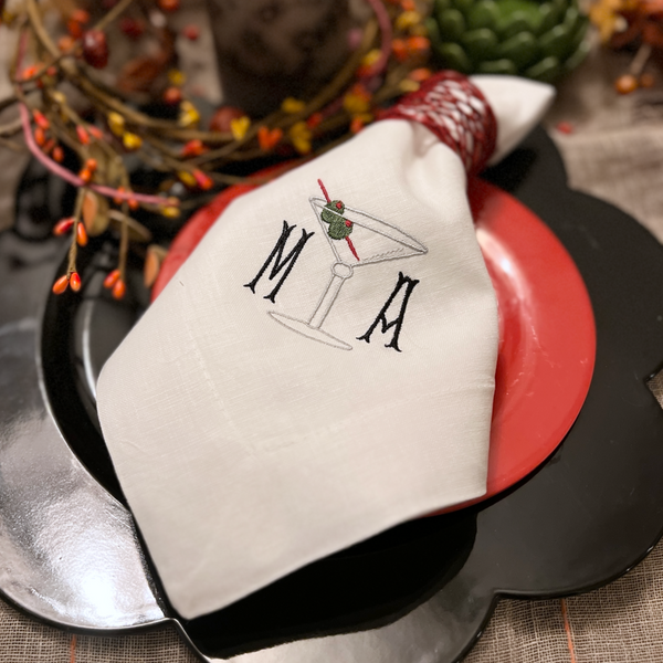 Martini Monogrammed Cloth Napkins - Set of 4 Duogram Napkins - White Tulip Embroidery