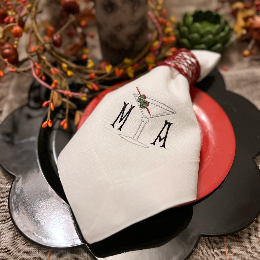 Martini Drink Cloth Napkins - Set of 4 napkins - White Tulip Embroidery